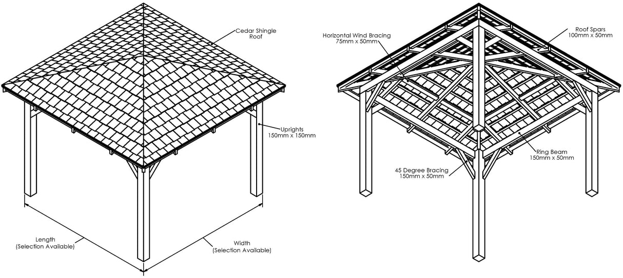 Planed Larch 4-Pitch Gazebo with Cedar Shingle Roof