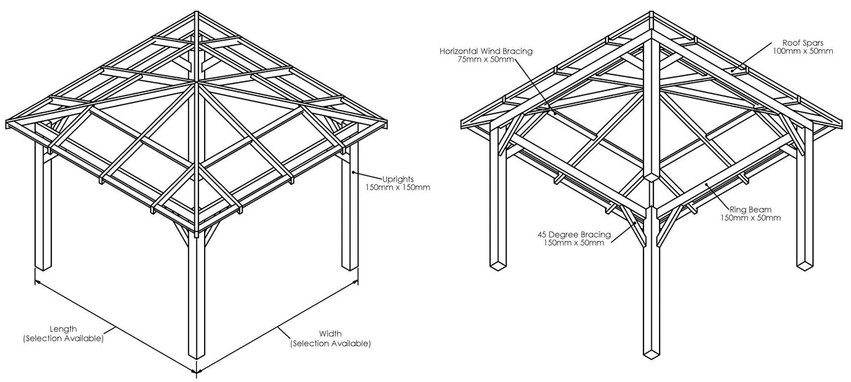 Planed Larch 4 Pitch Pergola with Open Roof β Contemporary Garden Structure