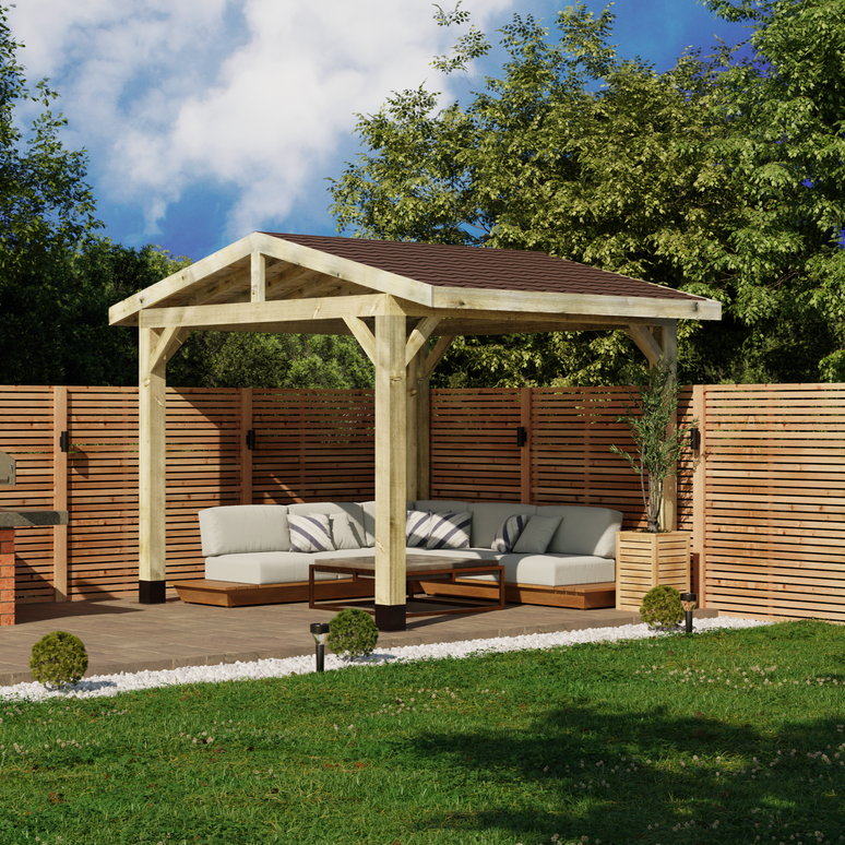 Wooden Apex Gazebo with Katepal Brown Shingle Roof - Classic Weatherproof Garden Gazebo (No Overhang)