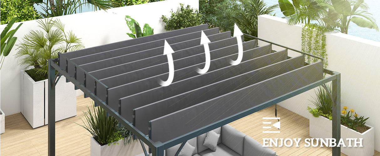 3m x 3m Heavy Duty Aluminium Pergola – Grey Retractable Roof Patio Shelter, Hardtop Style Outdoor Shade Cover