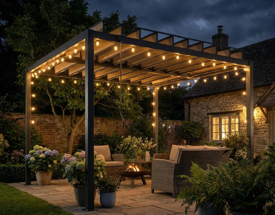 3x3m Aluminium Louvered Pergola with Polycarbonate Roof, Adjustable Panels & Drainage System – Coffee Garden Patio Gazebo