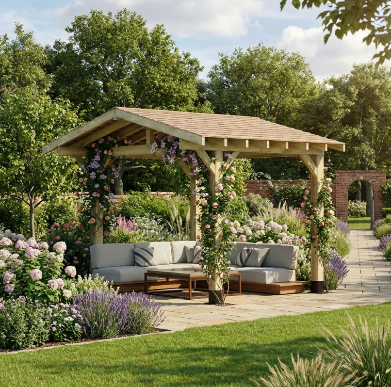 Wooden Apex Gazebo with Cedar Shingle Roof – With Overhang Design