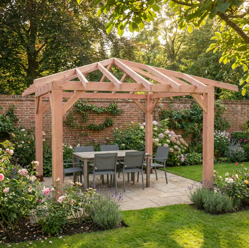 Planed Larch 4 Pitch Pergola with Open Roof β Contemporary Garden Structure