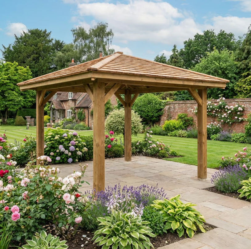 Wooden 4 Pitch Gazebo with Cedar Shingle Roof – Classic Garden Shelter