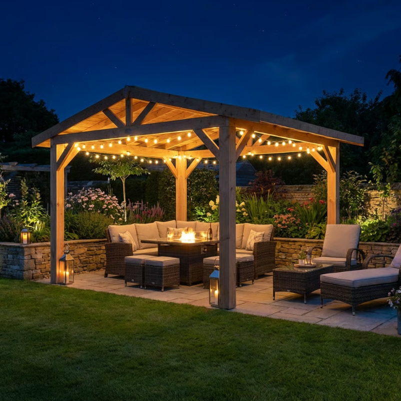 Planed Larch Apex Pergola with Cedar Featheredge Roof – With Overhang Design