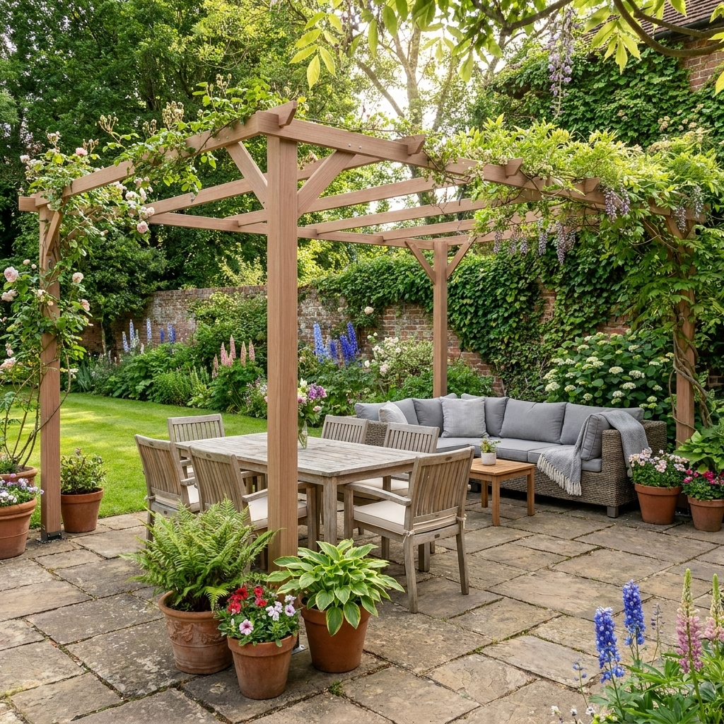 4x3m Wooden Pergola Kit with Triangle Supports – Garden Gazebo Grape Trellis Frame, 6-Beam Maple Wood-Effect Design