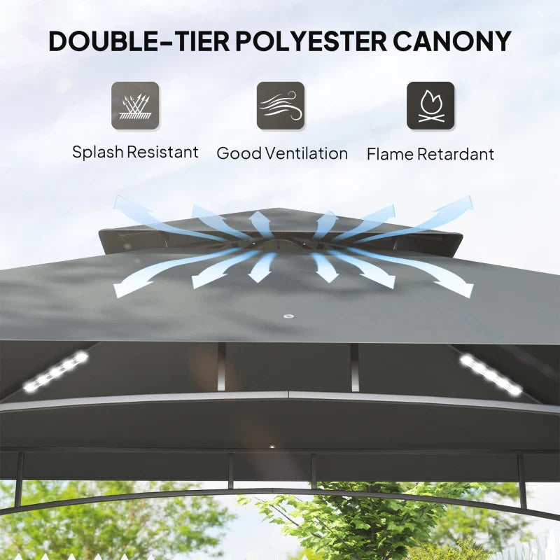 8' x 5' Dark Grey Double Tiered BBQ Grill Gazebo Canopy with LED Lights, 2 Side Shelves and Hooks