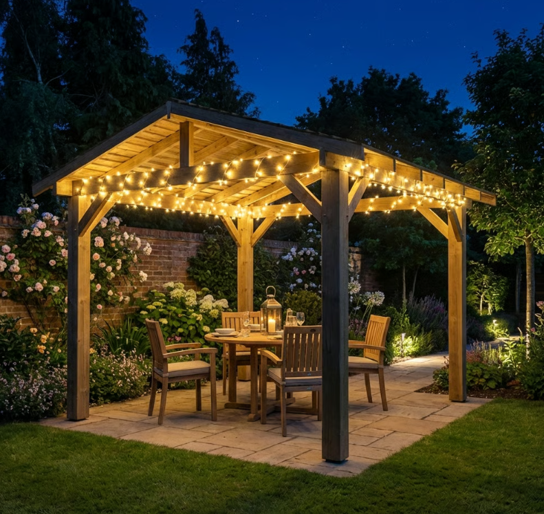 Wooden Apex Gazebo with Cedar Featheredge Roof – With Overhang Design