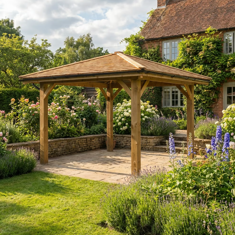 Wooden 4 Pitch Gazebo with Cedar Shingle Roof – Classic Garden Shelter