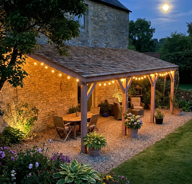 Planed Larch Lean-To Gazebo with Cedar Shingle Roof