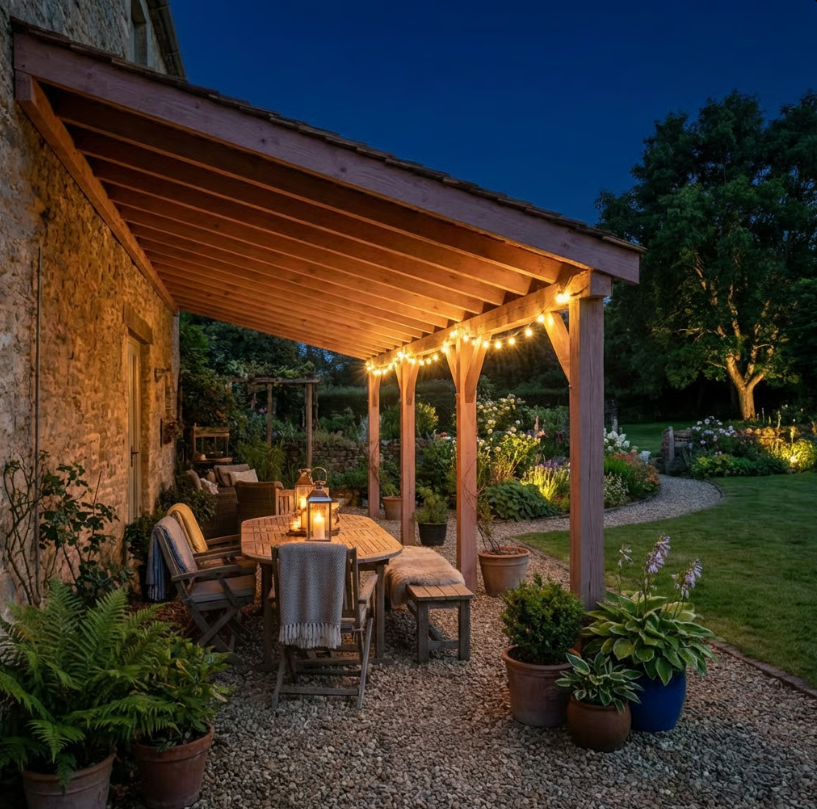 Planed Larch Lean-To Gazebo with Cedar Shingle Roof