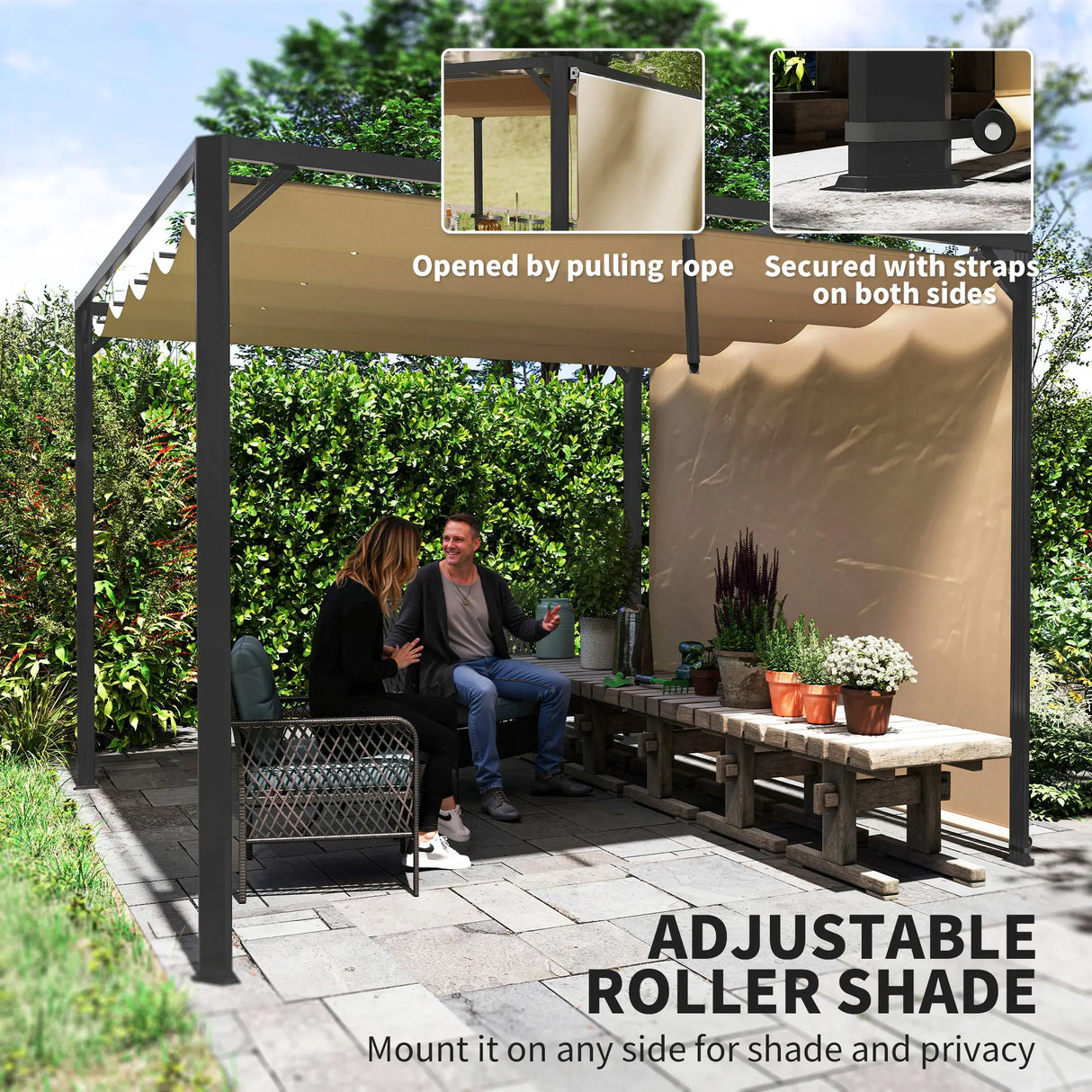 3m x 3m Aluminium Pergola – Khaki Retractable Roof with Side Wall, Outdoor Patio Shade Shelter