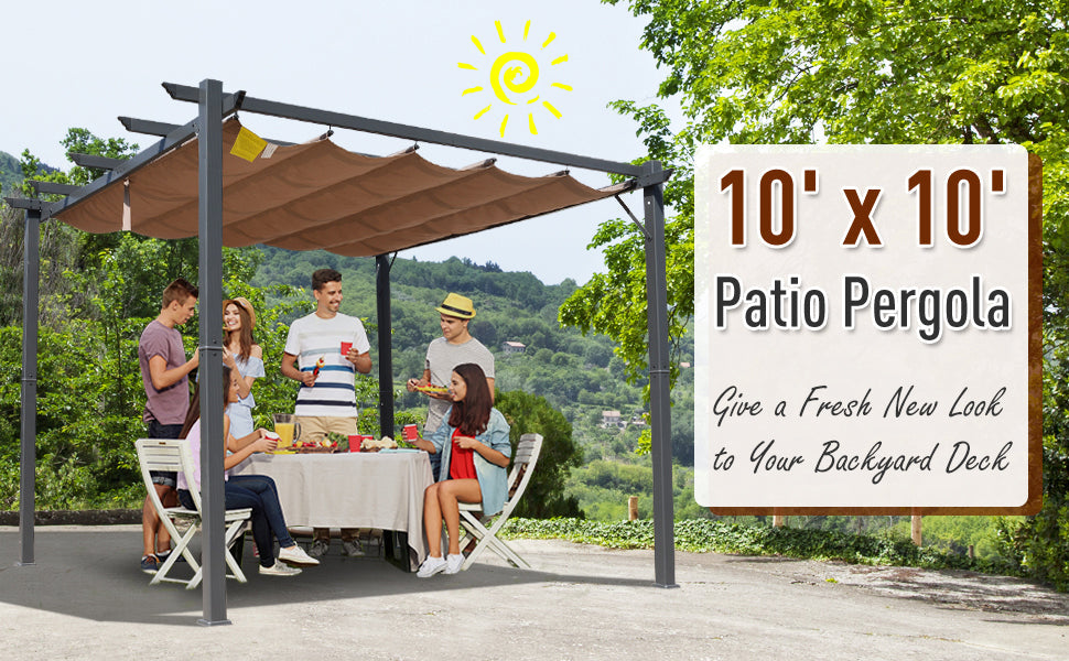 3m x 3m Aluminium Pergola – Brown Retractable Canopy Roof with Pulley System, UV & Water Resistant Garden Shade Shelter with Drainage Grommets