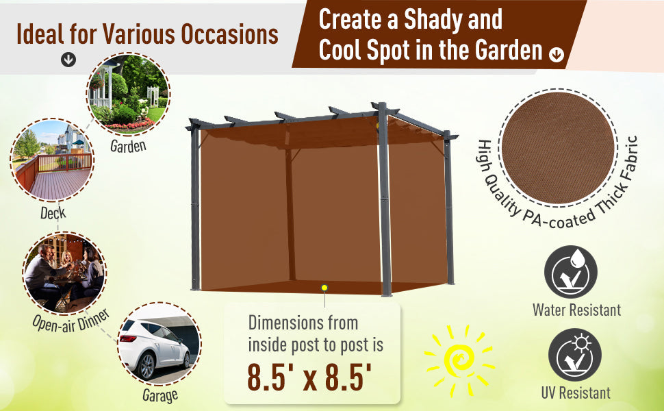 3m x 3m Aluminium Pergola – Brown Retractable Canopy Roof with Pulley System, UV & Water Resistant Garden Shade Shelter with Drainage Grommets