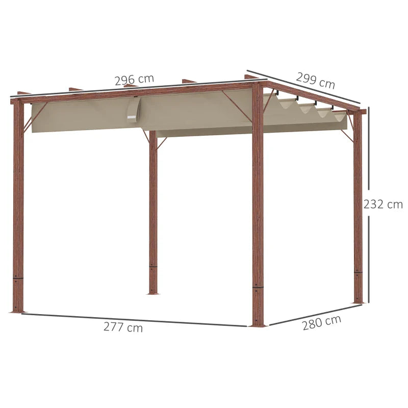 3m x 3m Retractable Roof Pergola – Natural Wood Effect Finish, Outdoor Garden Shade Canopy Shelter