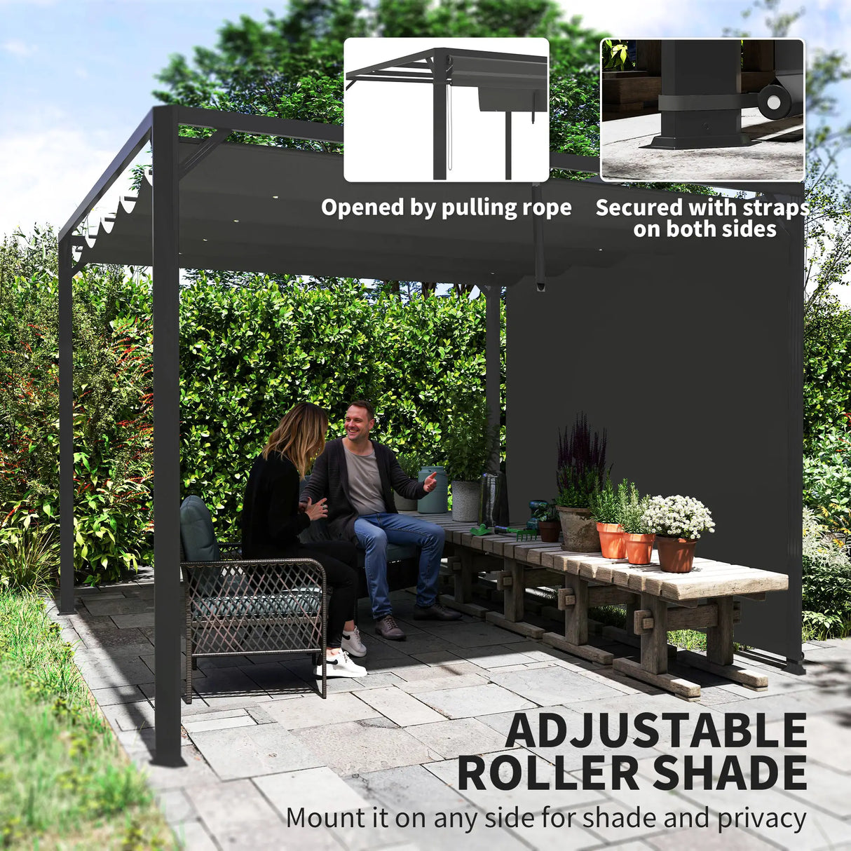 3m x 3m Aluminium Pergola – Dark Grey Retractable Roof with Side Wall, Outdoor Patio Shade Shelter