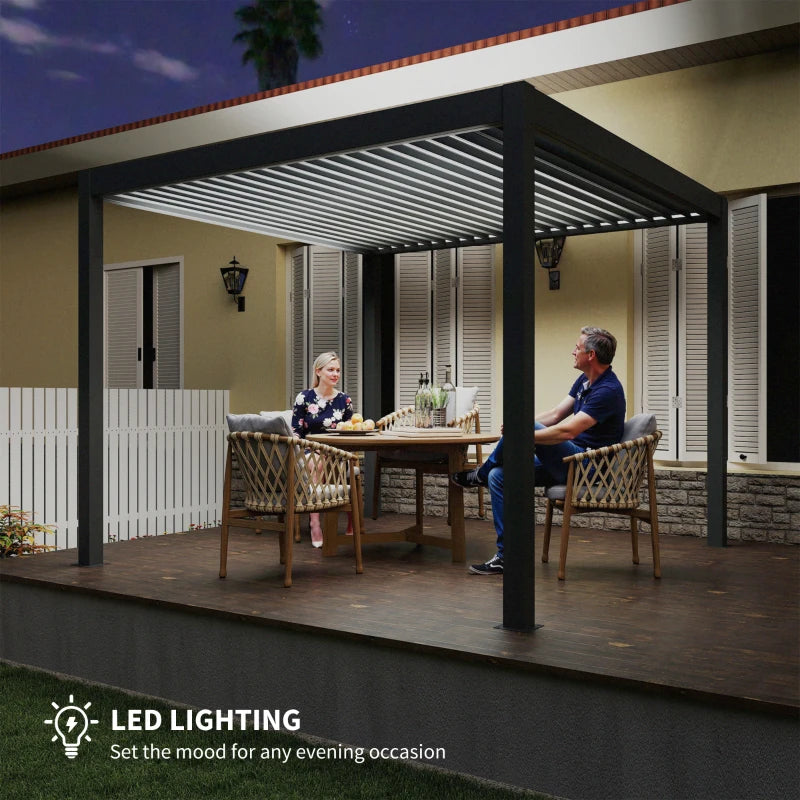 3m x 3m Electric Louvered Aluminium Pergola – Remote Control Roof, Built-In LED Lights, Integrated Drainage, UV & Water Resistant Hardtop Gazebo