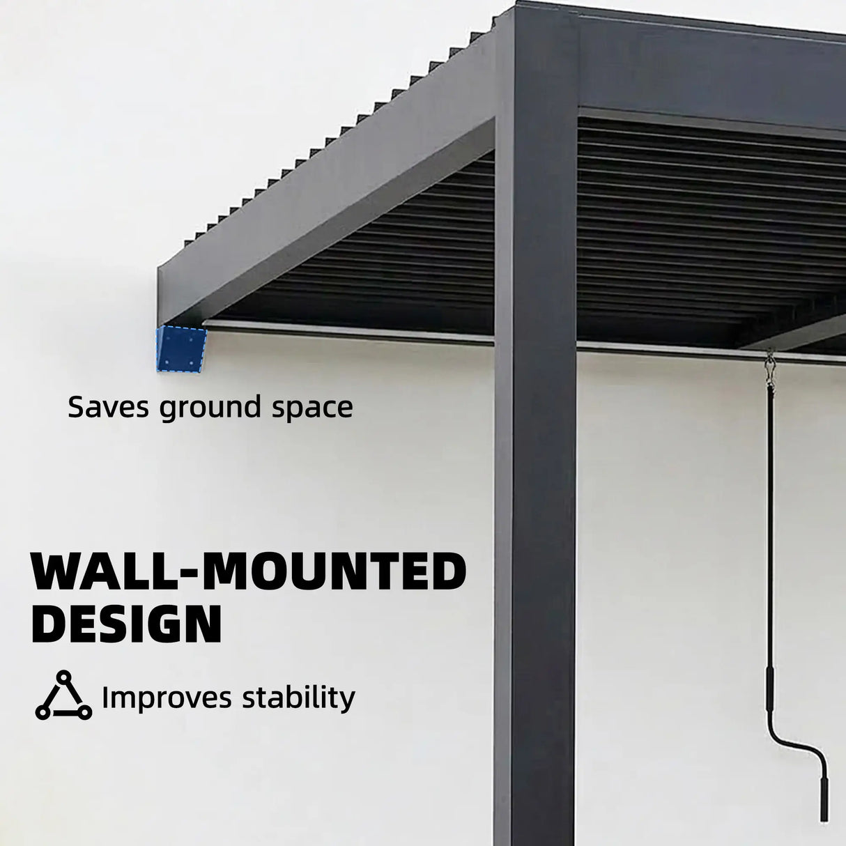 3x3m Wall Mounted Louvered Pergola with LED Lights, Aluminium Frame & Adjustable Metal Roof – Dark Grey Patio Gazebo