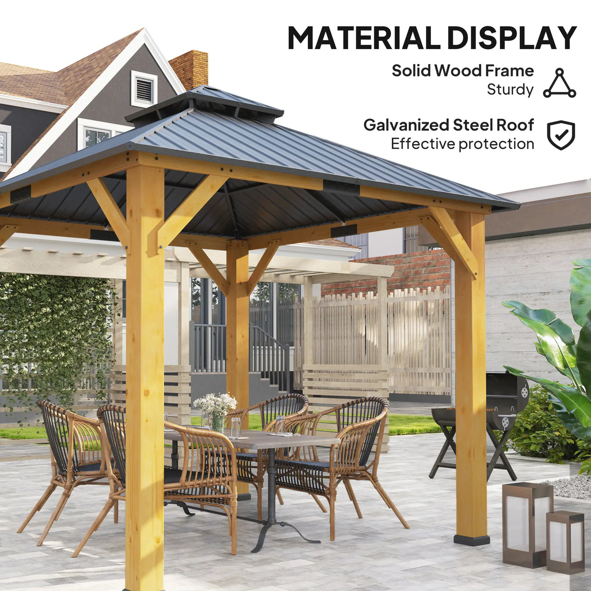 Grey 3m x 3m Hardtop Gazebo Canopy with 2-Tier Roof and Solid Wood Frame
