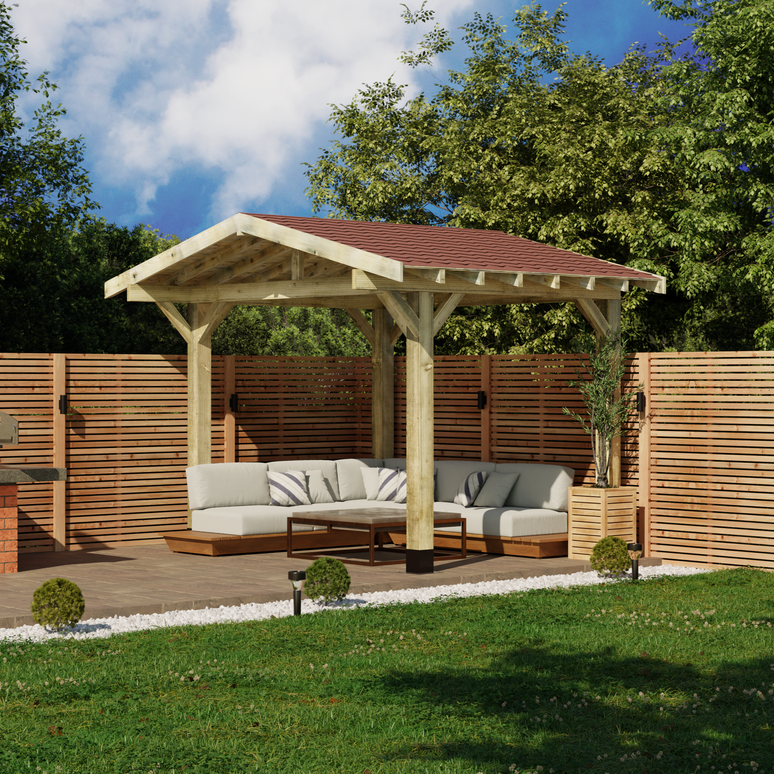 Wooden Apex Gazebo with Katepal Red Shingle Roof & Overhang - Premium Garden Gazebo