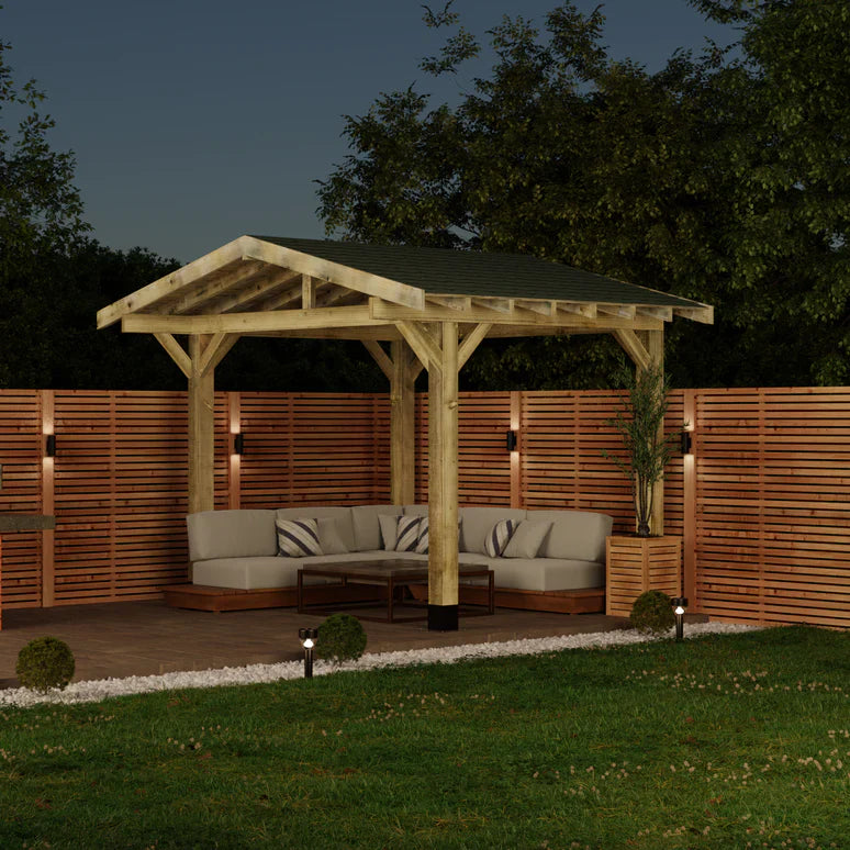 Wooden Apex Gazebo with Katepal Green Shingle Roof & Overhang