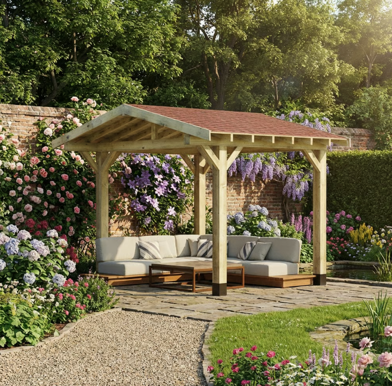 Wooden Apex Gazebo with Katepal Red Shingle Roof & Overhang - Premium Garden Gazebo