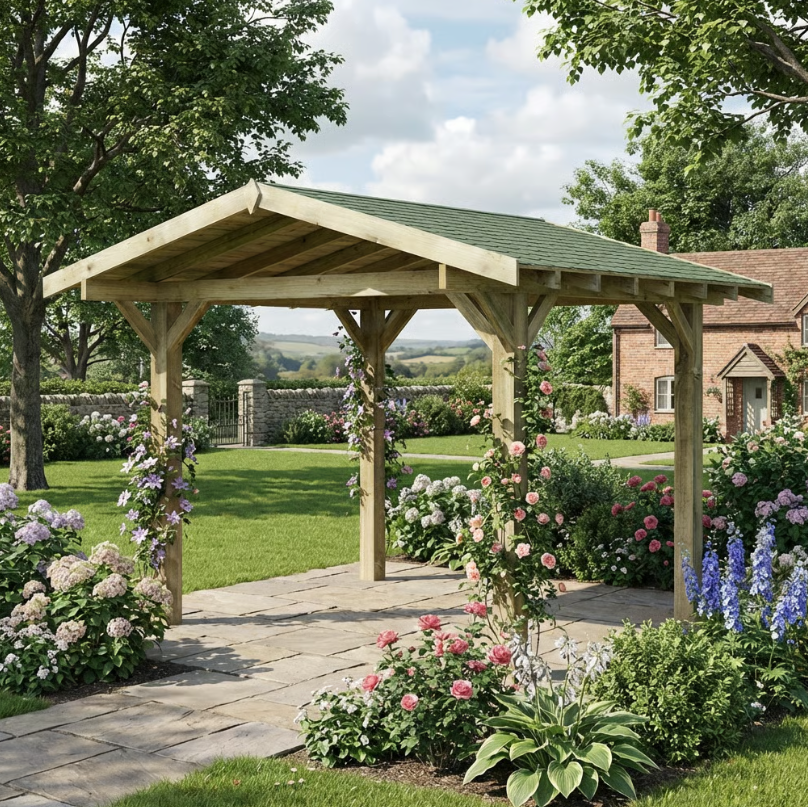 Wooden Apex Gazebo with Katepal Green Shingle Roof & Overhang