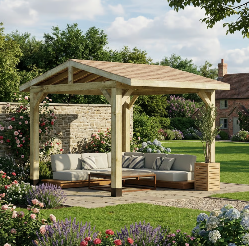 Wooden Apex Gazebo with Cedar Shingle Roof – No Overhang Design