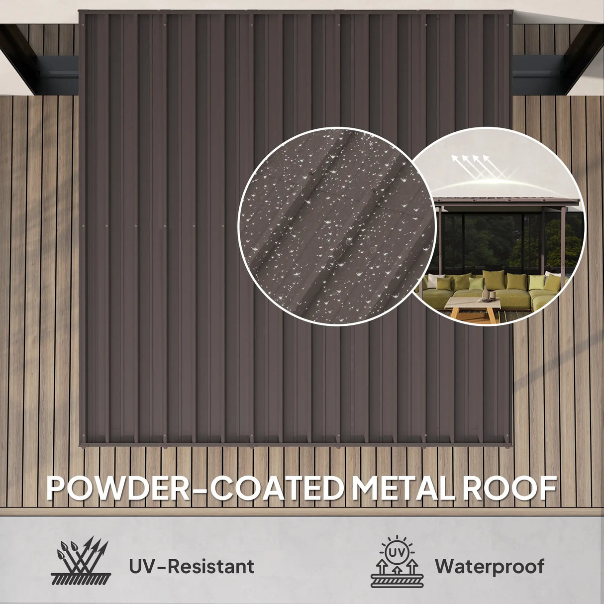 3m x 3m Lean-To Metal Pergola – Brown Wall Mounted Outdoor Patio Shade Shelter