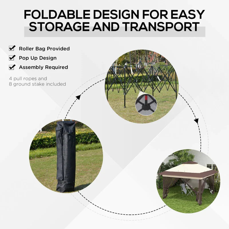 3.6m x 3.6m Khaki Pop Up Gazebo with Netting - Height Adjustable Instant Canopy Party Tent