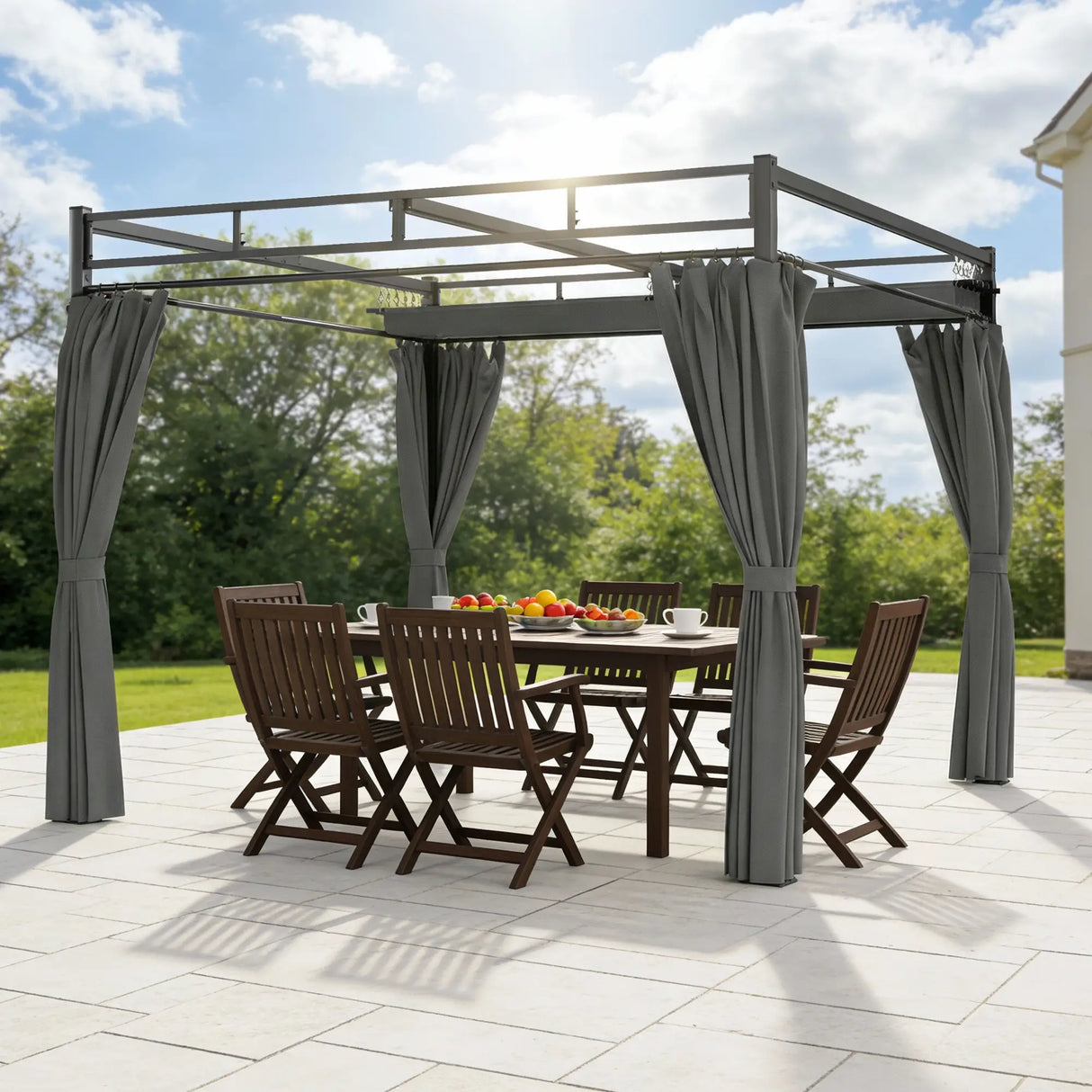 3m x 3m Pergola with Retractable Roof Canopy – UPF30+ Garden Gazebo with Curtains, Heavy-Duty Metal Frame Outdoor Sun Shade in Dark Grey