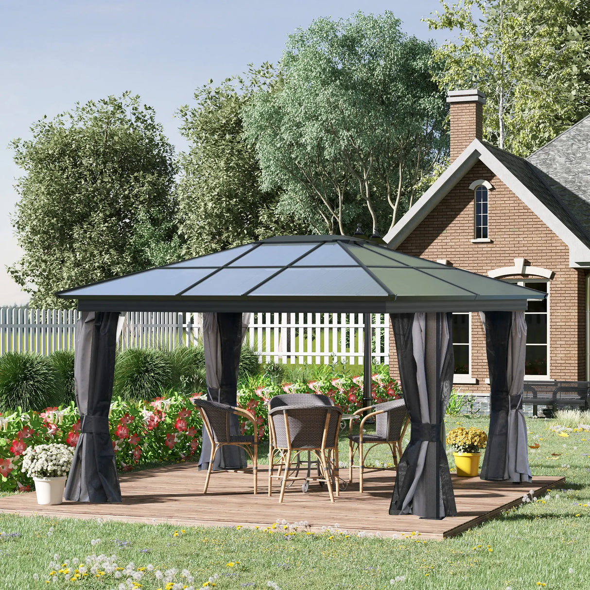 3.6m x 4.2m Aluminium Hardtop Gazebo with Polycarbonate Roof - Permanent Garden Pavilion with Curtains & Netting