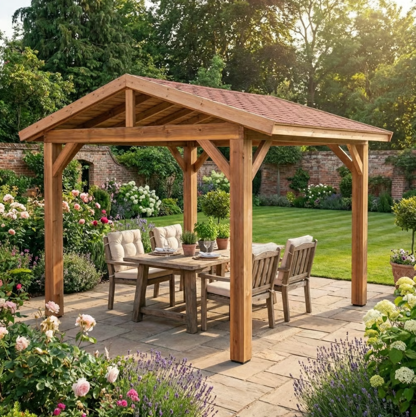 Planed Cedar Pergola with Katepal Red Shingle Roof – No Overhang Design