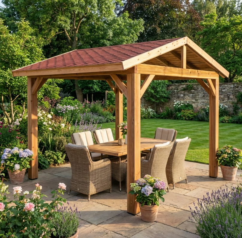 Planed Cedar Pergola with Katepal Red Shingle Roof – No Overhang Design