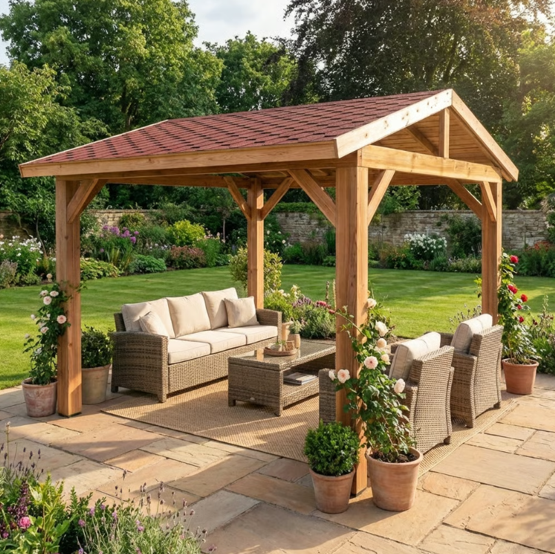 Planed Cedar Pergola with Katepal Red Shingle Roof – No Overhang Design