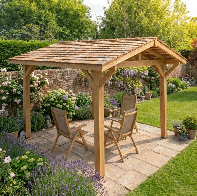 Oak Wooden Gazebo - Cedar Shingle Roof - Apex Design - With Overhang