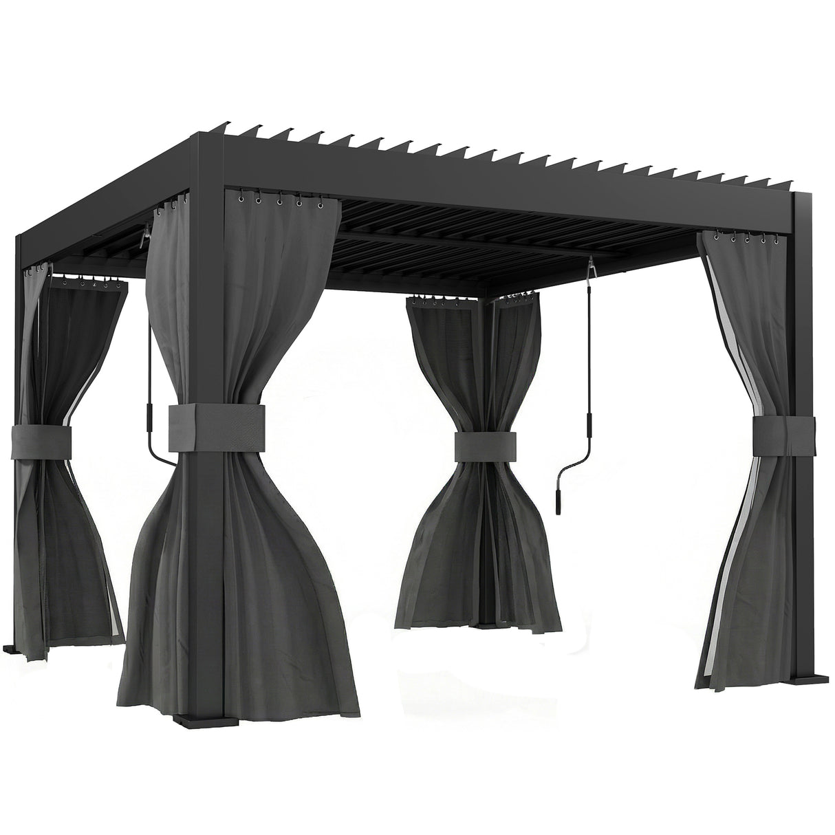 3m x 3m Louvered Pergola with Adjustable Metal Roof – Aluminium Patio Gazebo with Curtains & Netting, Modern Outdoor Garden Shelter in Dark Grey