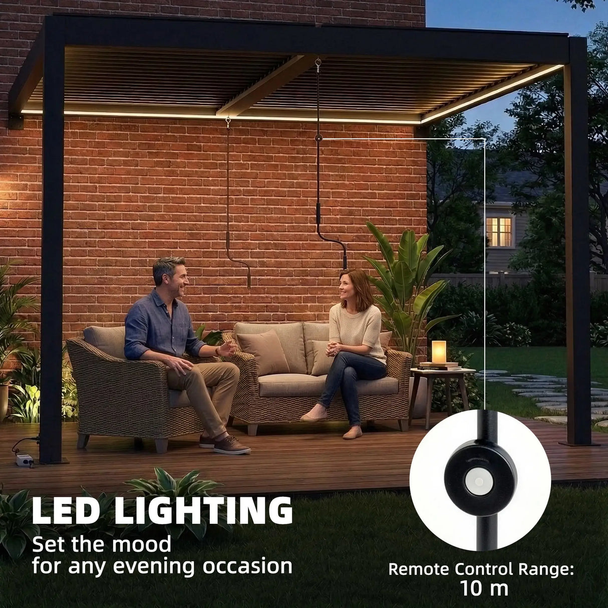 3x3m Wall Mounted Louvered Pergola with LED Lights, Aluminium Frame & Adjustable Metal Roof – Dark Grey Patio Gazebo