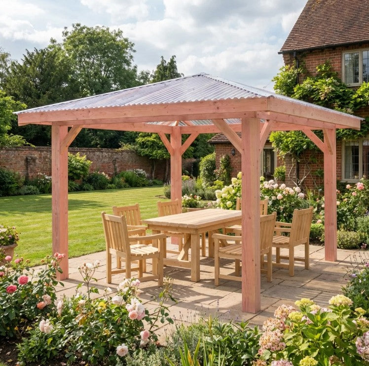Planed Larch 4 Pitch Pergola with Clear Roof