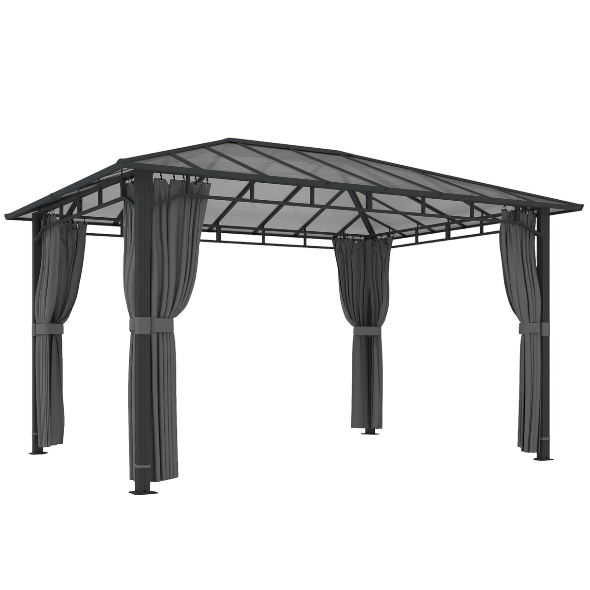 3m x 4m Hardtop Gazebo with 6 mm Polycarbonate Roof, Aluminium Permanent Garden Pavilion with Curtains, Dark Grey Outdoor Patio Canopy for Sun, Rain & Privacy