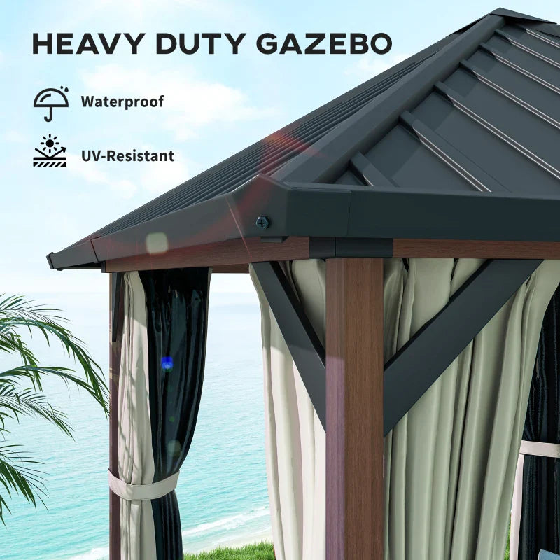 3x3m Hardtop Gazebo - Waterproof Galvanised Steel Roof Pavilion with Netting and Curtains - Walnut Wood Finish Garden Canopy