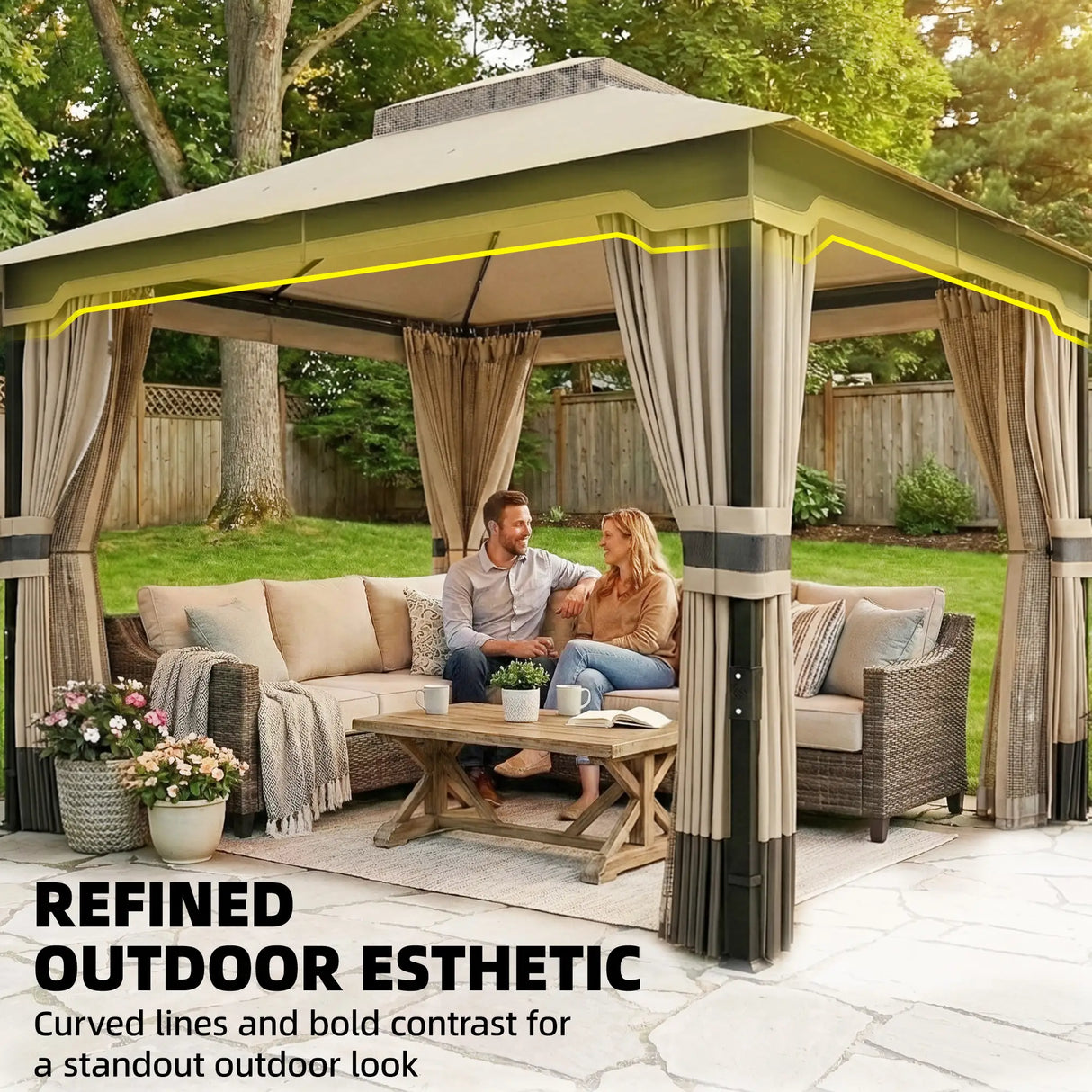 3 x 3.6m Ventilated Double Roof Garden Gazebo with Curtains & Mesh Netting, Heavy Duty Metal Frame Outdoor Patio Pavilion, Khaki