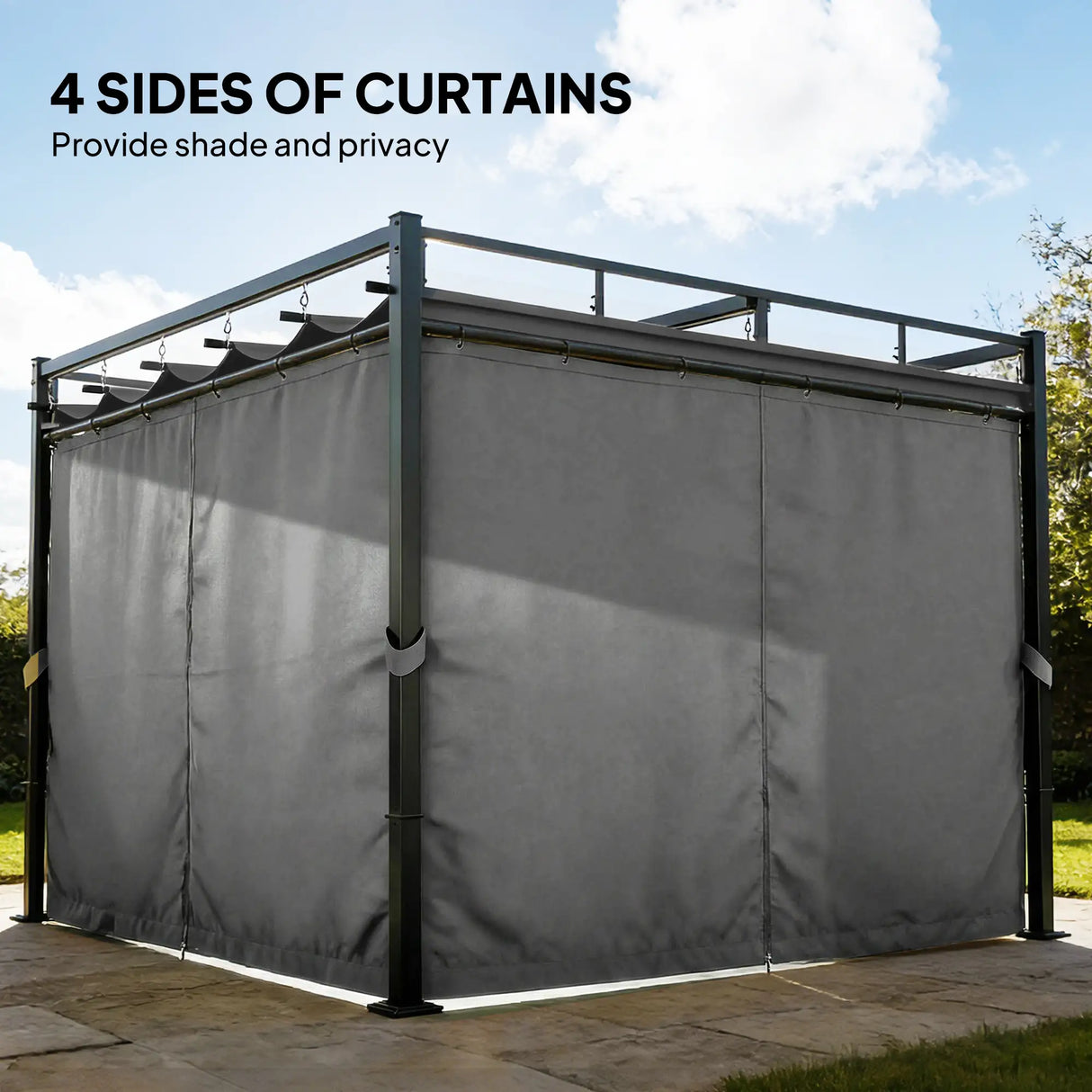 3m x 3m Pergola with Retractable Roof Canopy – UPF30+ Garden Gazebo with Curtains, Heavy-Duty Metal Frame Outdoor Sun Shade in Dark Grey
