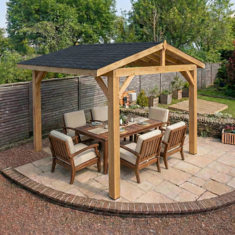 Oak Wooden Gazebo - Katepal Black Shingle Roof - Apex Design - No Overhang