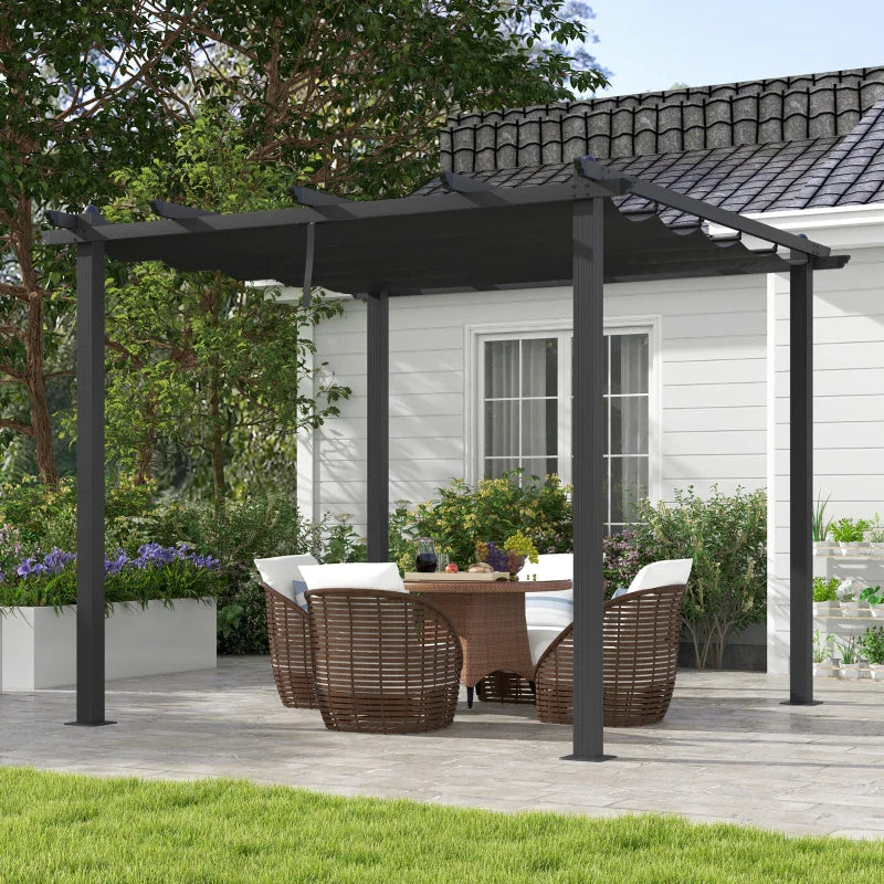 3m x 3m Aluminium Pergola – Dark Grey Retractable PU Canopy Roof with Drainage Grommets, Outdoor Patio Shade Shelter