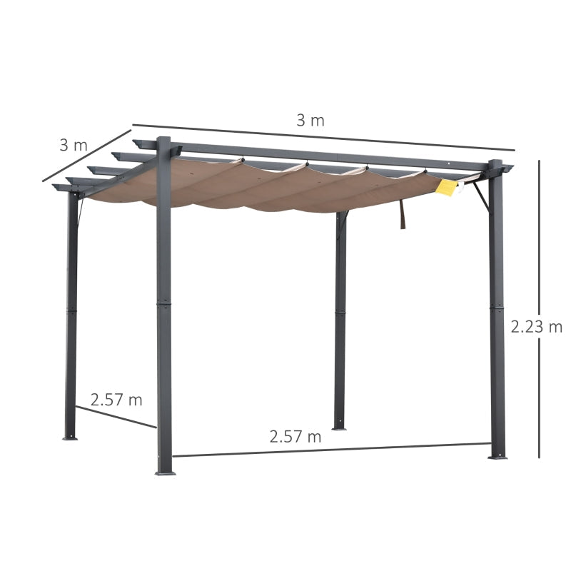 3m x 3m Aluminium Pergola – Brown Retractable Canopy Roof with Pulley System, UV & Water Resistant Garden Shade Shelter with Drainage Grommets