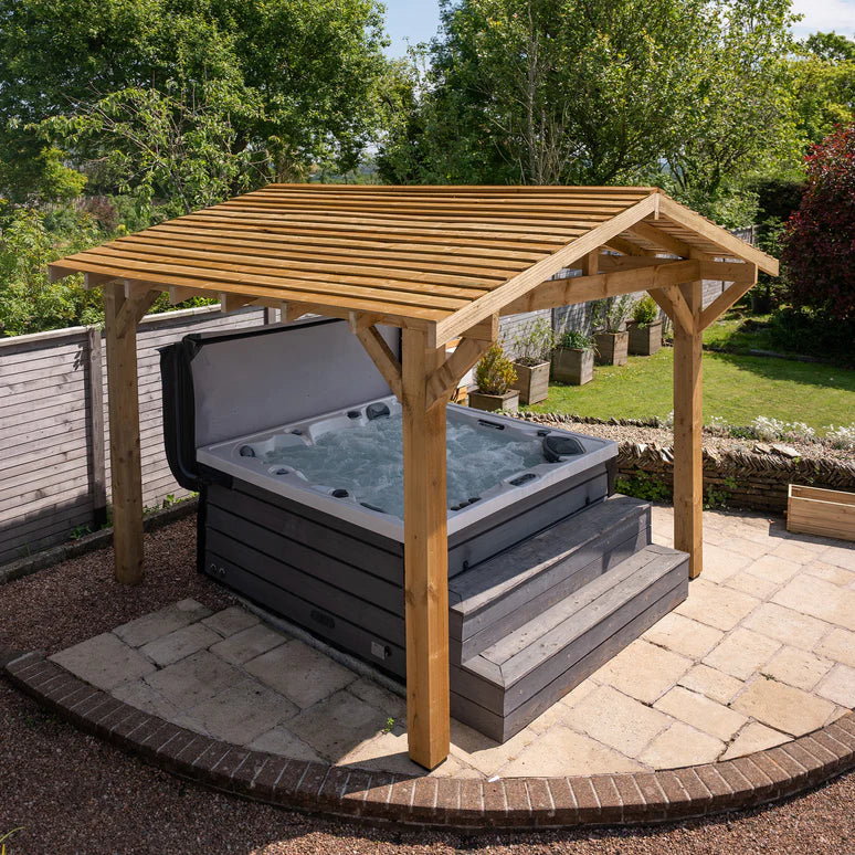 Wooden Apex Gazebo with Cedar Featheredge Roof – With Overhang Design
