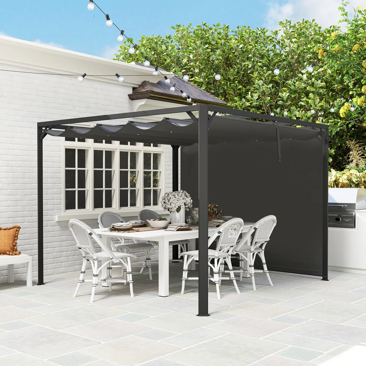 3m x 3m Aluminium Pergola – Dark Grey Retractable Roof with Side Wall, Outdoor Patio Shade Shelter