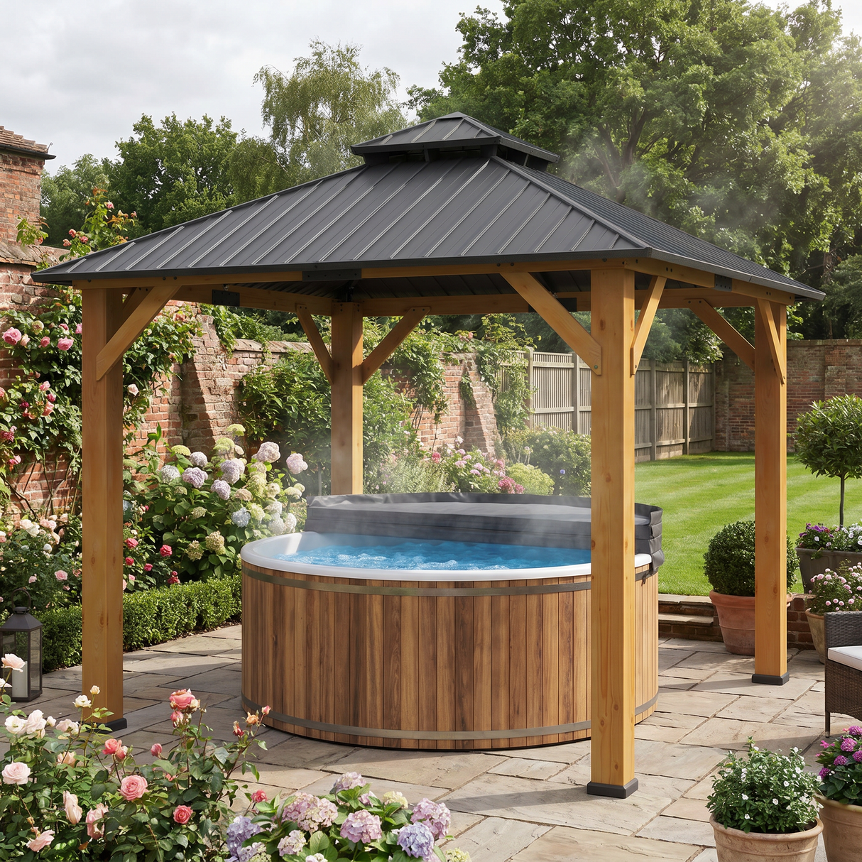 3x3M Wooden-Style Hardtop Gazebo with 2-Tier Galvanised Steel Roof, Aluminium Posts & Grey Outdoor Patio Canopy Shelter for Garden, Decking and Pergola Spaces