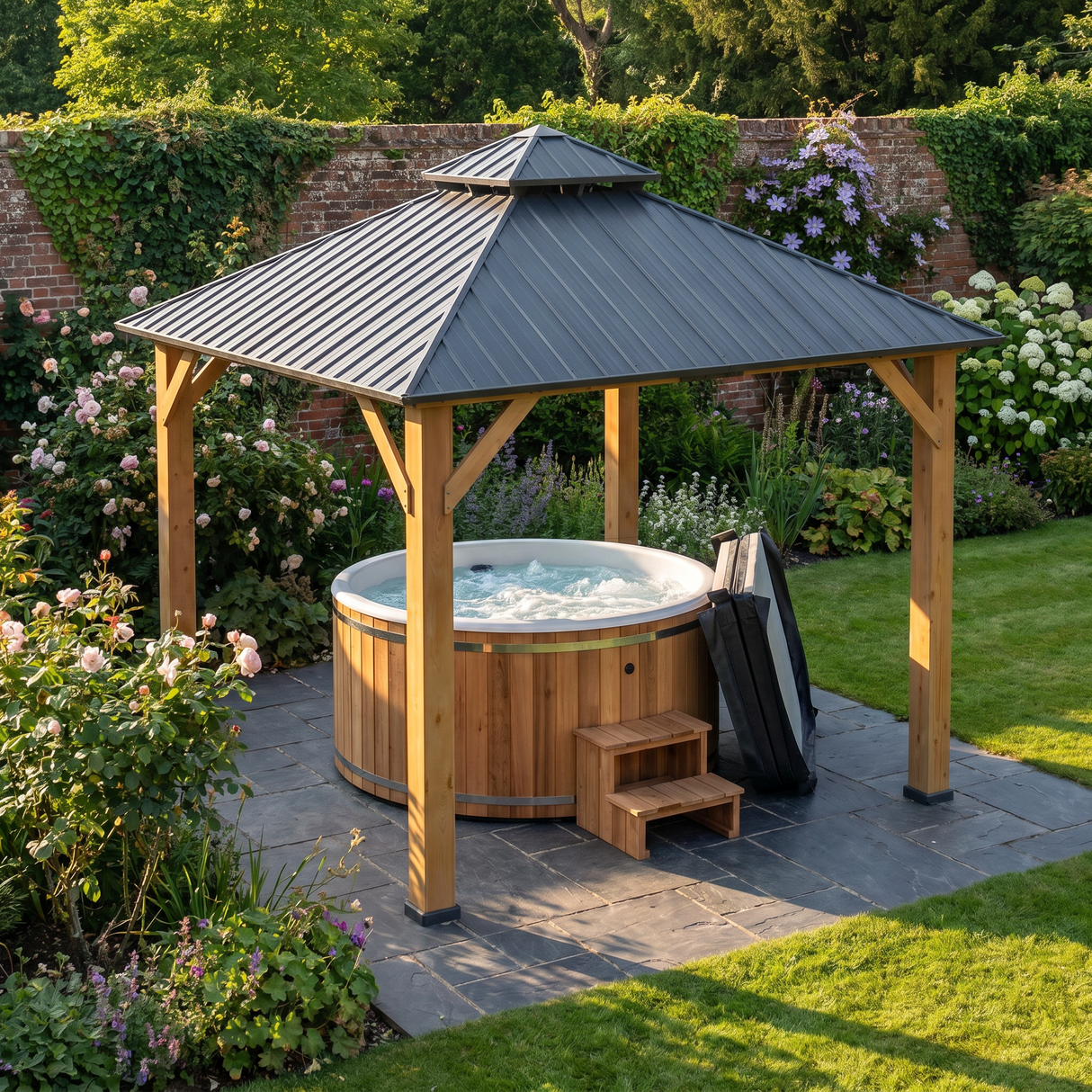 3x3M Wooden-Style Hardtop Gazebo with 2-Tier Galvanised Steel Roof, Aluminium Posts & Grey Outdoor Patio Canopy Shelter for Garden, Decking and Pergola Spaces